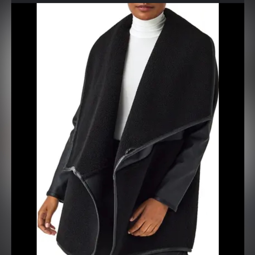 ISO Black Spanx Fleece & Faux Leather Long Wrap Jacket in XL or Trade for 1X